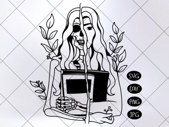 Floral Skeleton Woman Holding Book SVG Art File