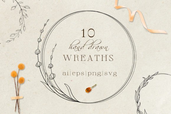 Line Floral Wreaths: Hand-Drawn Digital Art Collection