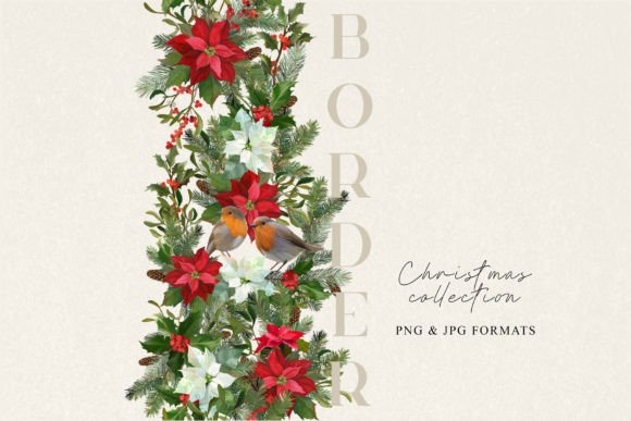Poinsettia & Robin Christmas Border